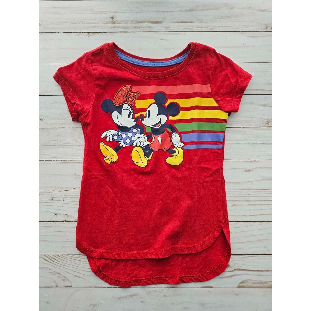 Disney Mickey & Minnie Mouse Red Rainbow Graphic T-Shirt Longer Back Colorful